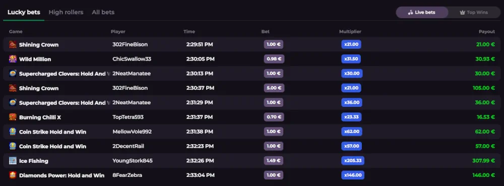 Rocky Spin live lucky bets table and recent winners leaderboard